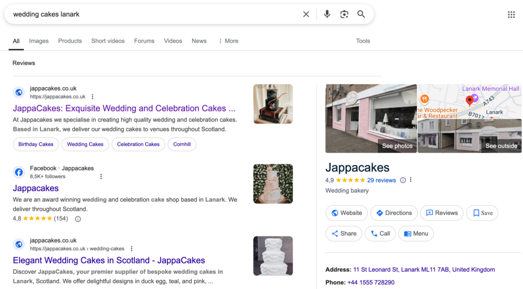 Google-Ergebnisse der Keyword-Suche „wedding cakes lanark“