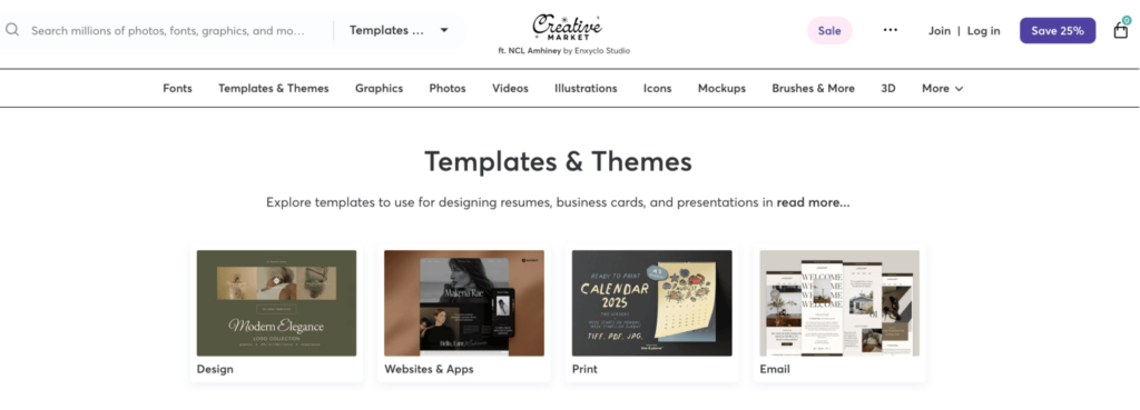 Seite „Templates & Themes“ von Creative Market