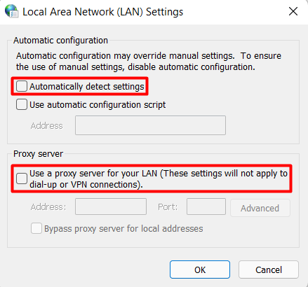 Die Einstellungen für das lokale Netzwerk (LAN) unter Windows.