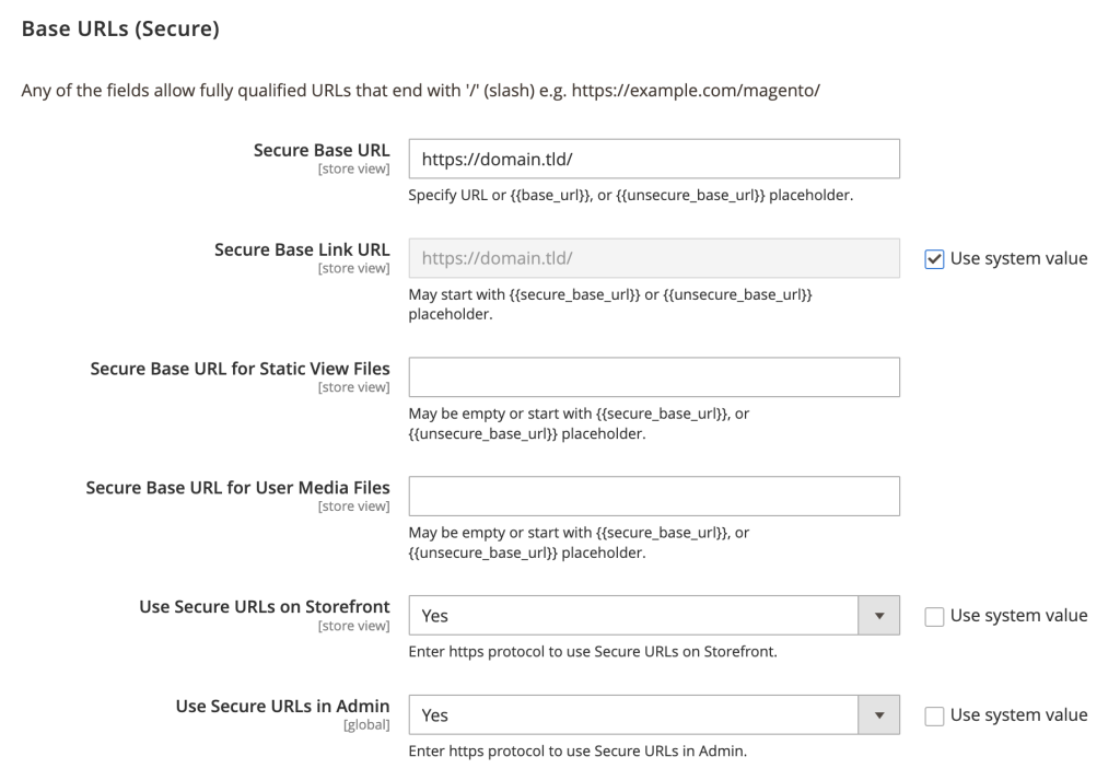 Magento-Adminbereich mit den Konfigurationsoptionen für Base URLs (Secure)
