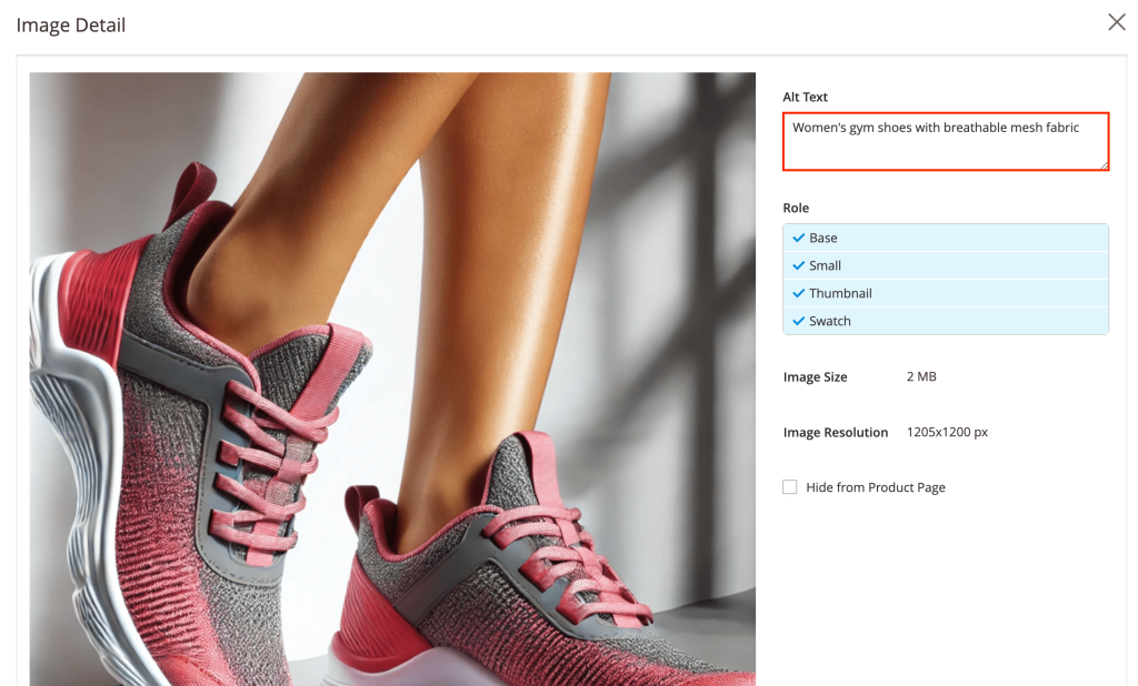 Der Magento-Editor für Produktseiten hebt das Alt-Text-Feld für ein Bild hervor