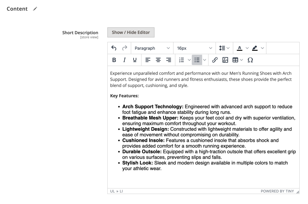 Magento-Adminpanel mit dem Editor für die Kurzbeschreibung auf einer Produktseite