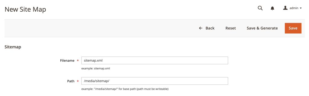 Magento-Adminbereich mit dem Formular „Neue Sitemap hinzufügen“ sowie den Feldern für Dateiname und Pfad