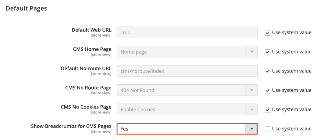 Magento-Adminbereich mit hervorgehobener Option „Show Breadcrumbs for CMS Pages“ im Abschnitt „Default Pages“