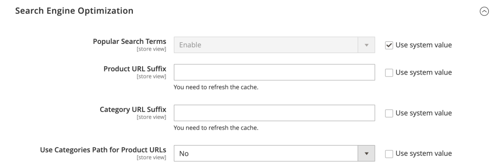Magento-Administrationsoberfläche mit der Einstellung „Use Categories Path for Product URLs“ im Menü „Search Engine Optimization“