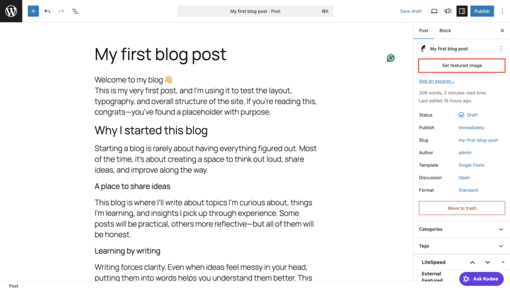 Das Menü „Beitragsbild festlegen“ in den WordPress-Beitragseinstellungen