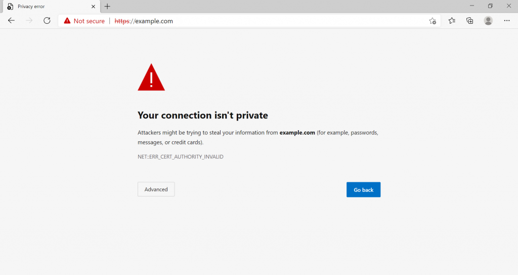 Die Variante „Ihre Verbindung ist nicht privat“ in Microsoft Edge