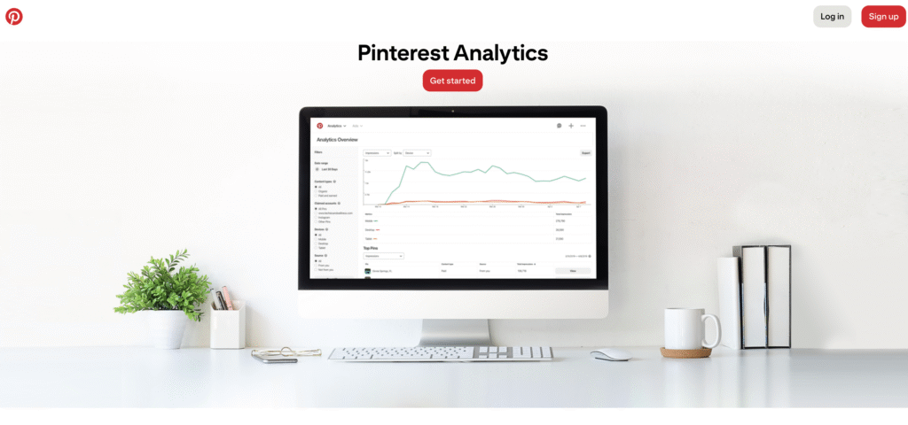 Ein Computermonitor, auf dem Pinterest Analytics mit Diagrammen und Kennzahlen zu sehen ist, umgeben von einer Pflanze und einer Tasse auf einem aufgeräumten Schreibtisch.