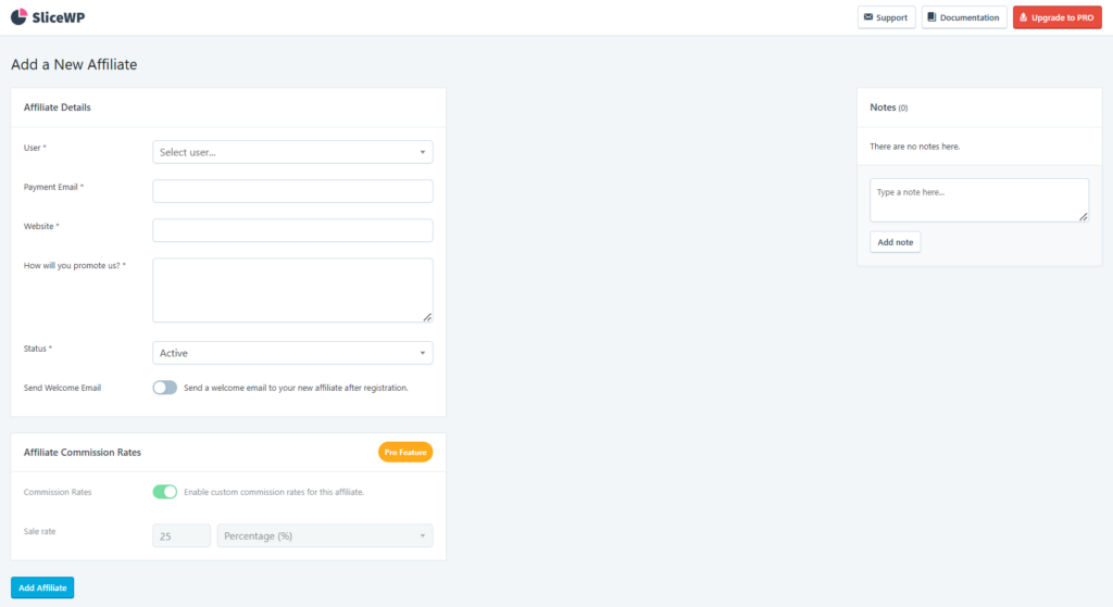 Die Seite „Add New Affiliate“ in SliceWP