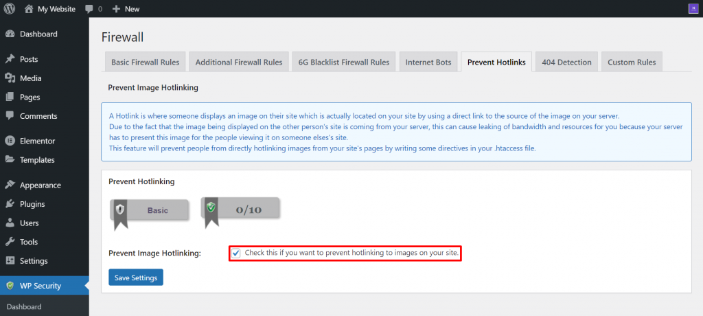WP-Sicherheits-Dashboard, mit Hervorhebung von „Prevent Image Hotlinking“