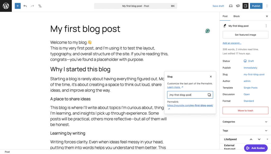 Das Feld „Titelform“ im Einstellungsbereich eines WordPress-Beitrags