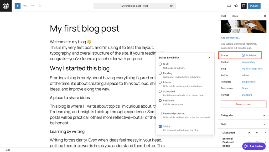 Statusfeld im Einstellungsbereich eines WordPress-Beitrags
