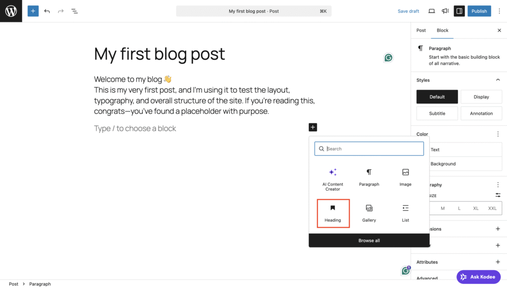 Überschriftenblock im WordPress-Beitragseditor