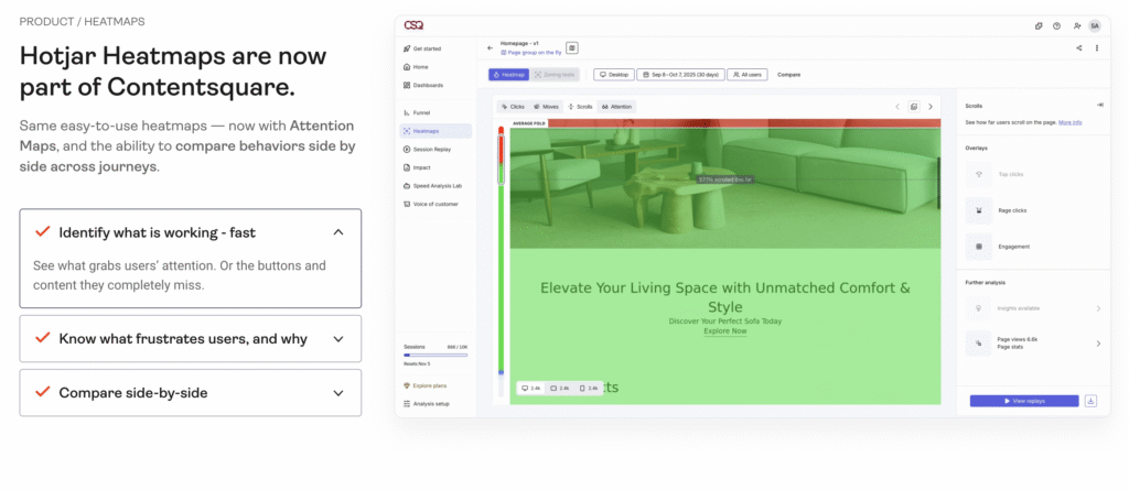 Ein digitales Dashboard, das in Contentsquare integrierte Hotjar-Heatmaps anzeigt und Kennzahlen zur Nutzerinteraktion hervorhebt.