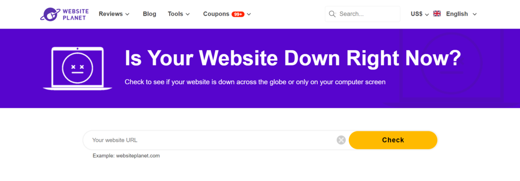 Die Webseite für das Tool „Is Your Website Down Right Now?“ von Website Planet.