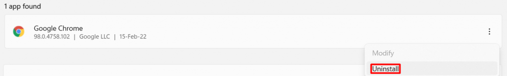 Die Schaltfläche „Deinstallieren“ für Google Chrome unter Windows.