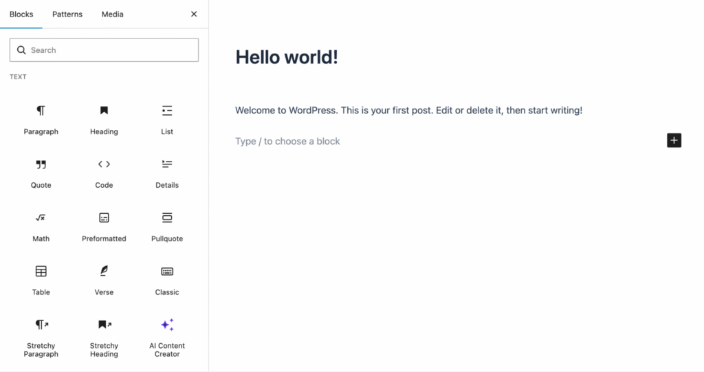 WordPress-Block-Editor mit dem Block-Inserter-Bereich, der die verfügbaren Textblöcke zeigt