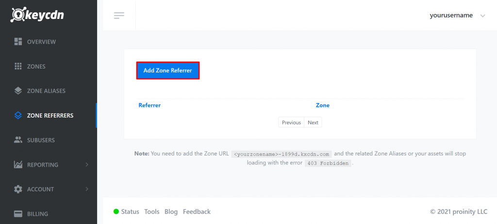 KeyCDN, mit Hervorhebung von „Add Zone Referrer“