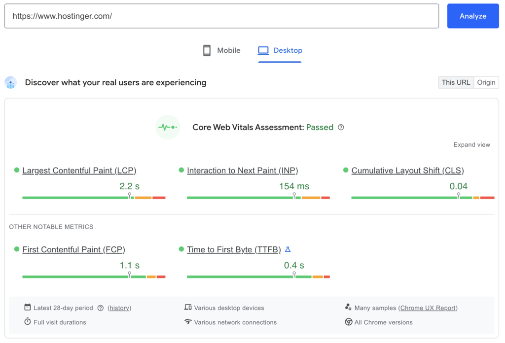 PageSpeed-Insights-Ergebnisse für Hostinger.com