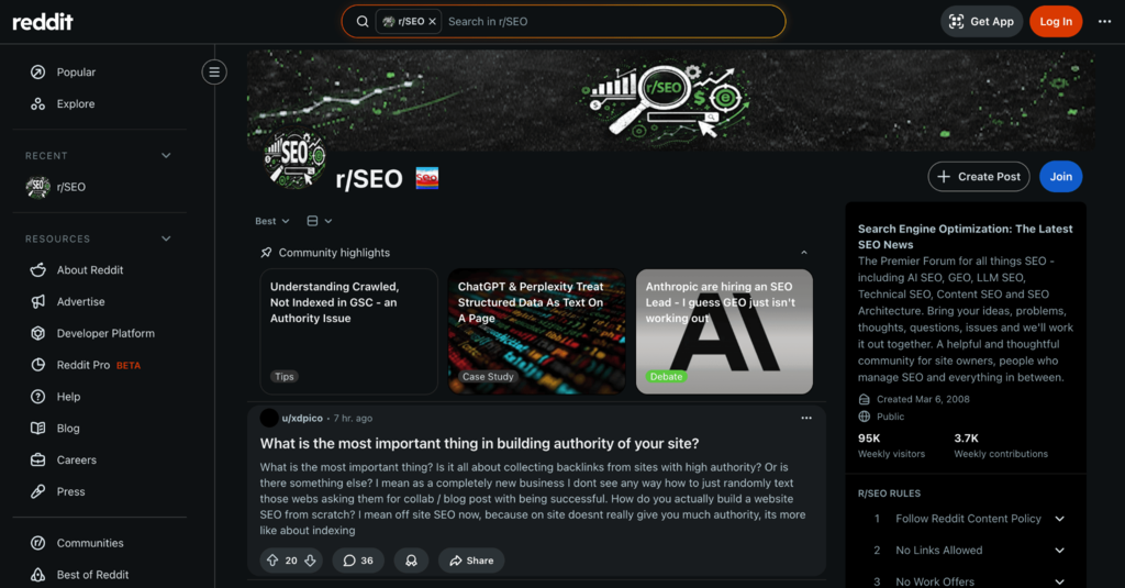 Startseite von Reddit SEO