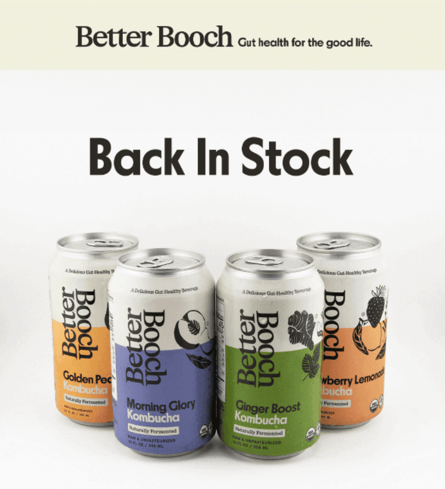 Werbe-E-Mail von Better Booch, die zeigt, dass die Getränke wieder auf Lager sind