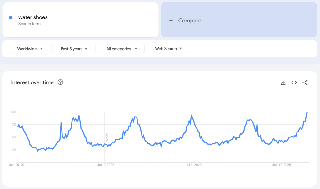 Globale Google-Trends-Daten zum Suchbegriff „water shoes“ für die vergangenen fünf Jahre.