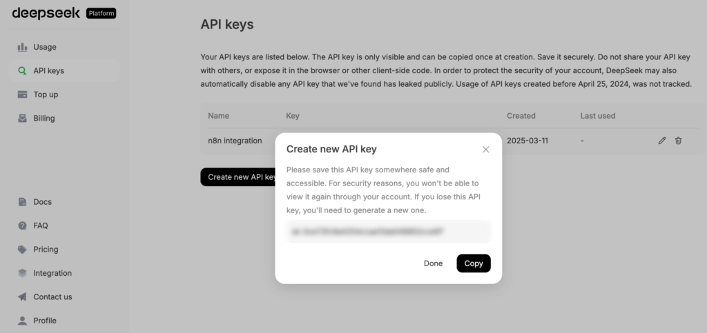 Der auf der DeepSeek-Platform-Website generierte API-Schlüssel