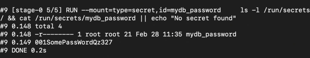Bild, das zeigt, wie Docker-Build-Secrets durch Ausgeben offengelegt werden