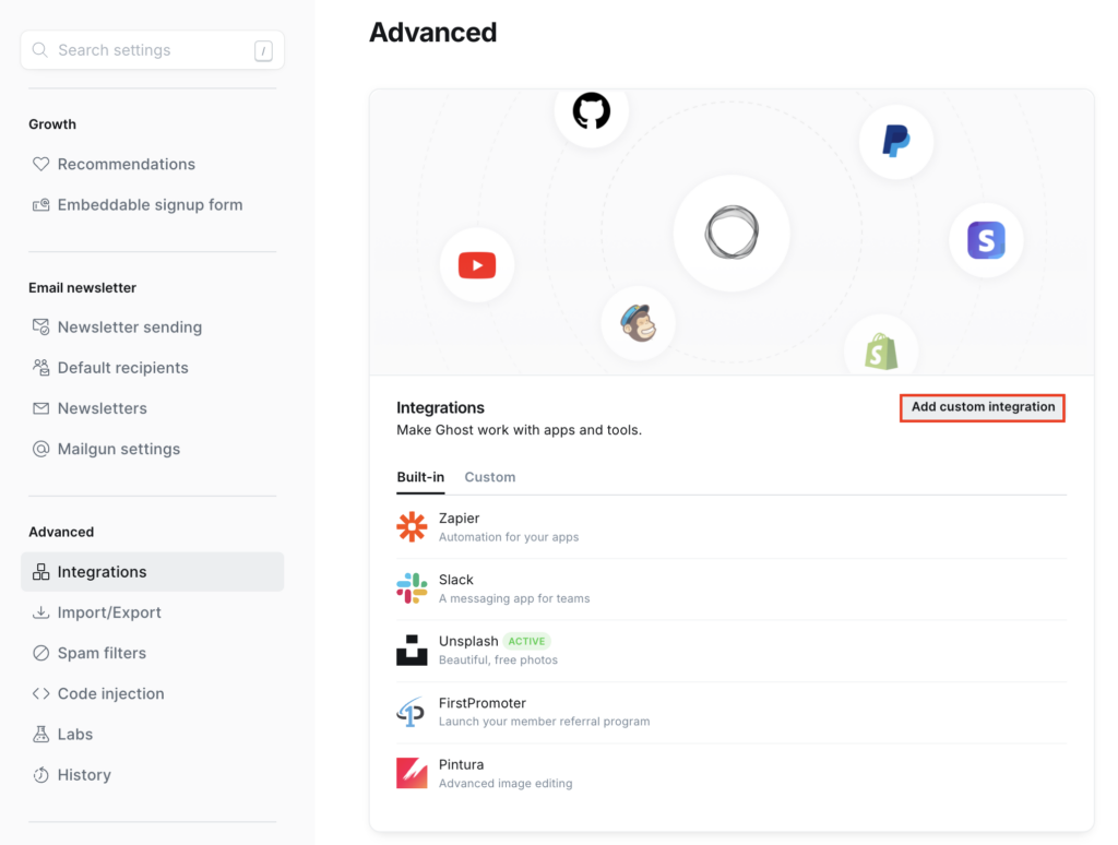 Die Schaltfläche „Add custom integration“ im Ghost-Admin-Dashboard