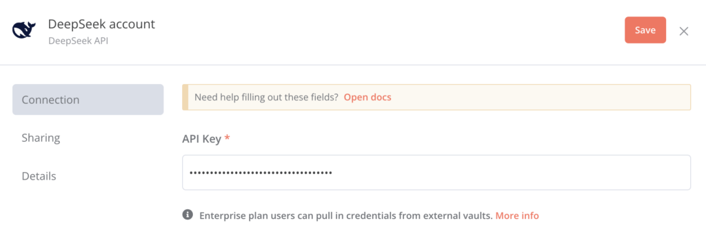 Das Feld „API Key“ im DeepSeek-API-Dialog von n8n