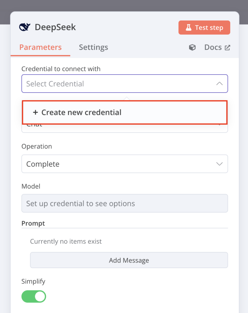 Die Option **Create new credential** im DeepSeek-Konfigurationsdialog von n8n