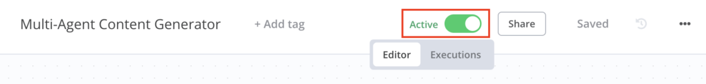 Der Aktivierungsschalter auf der Arbeitsfläche des n8n-Workflow-Editors