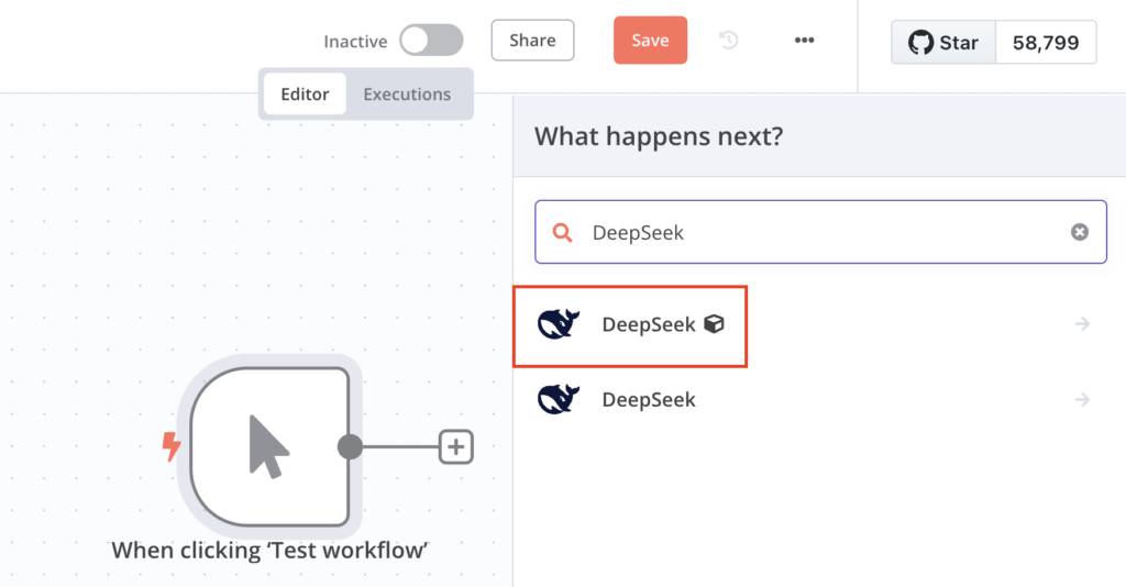 Der **DeepSeek**-Knoten auf der Arbeitsfläche des n8n-Workflow-Editors