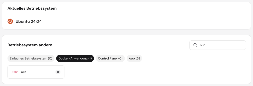 Die n8n-Vorlage im Abschnitt Betriebssystem ändern des VPS in hPanel