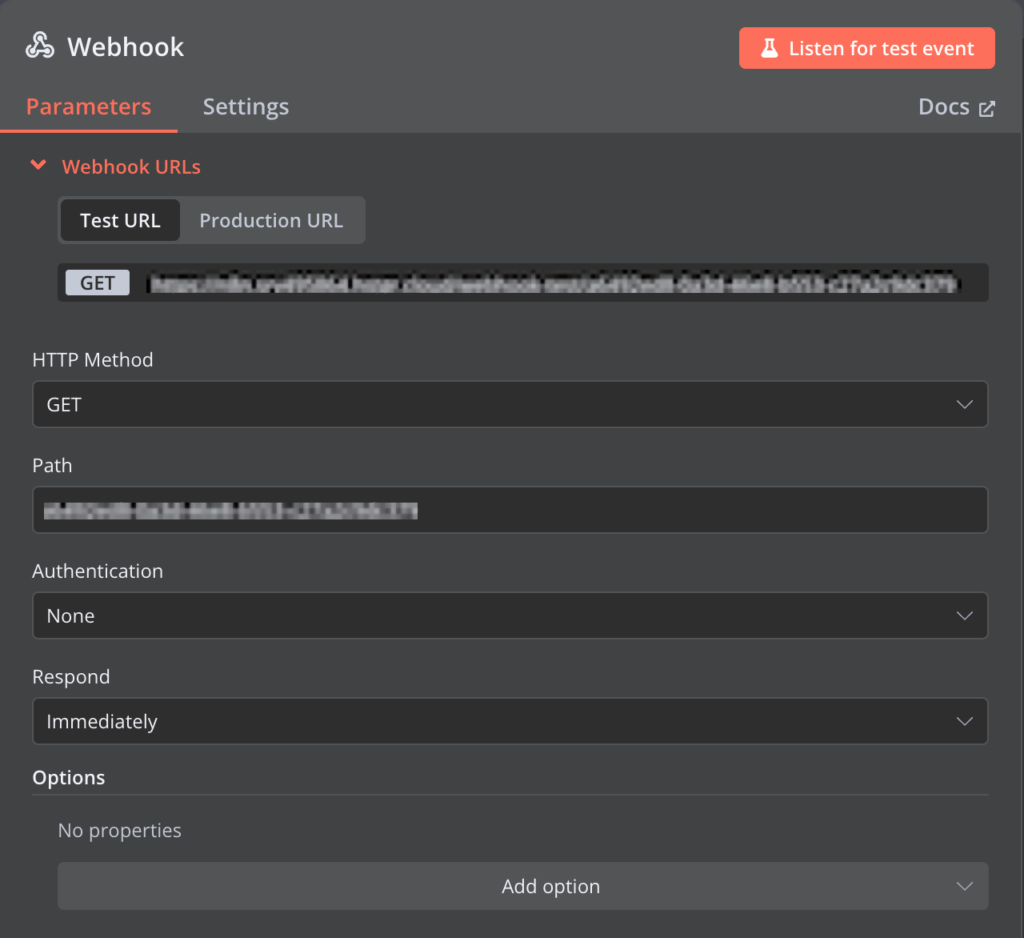 n8n-Menü zur Konfiguration von Webhooks
