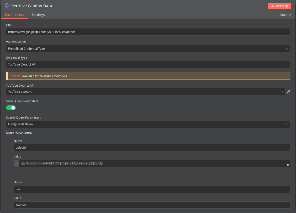 Konfiguration des **HTTP Request**-Knotens für YouTube in n8n
