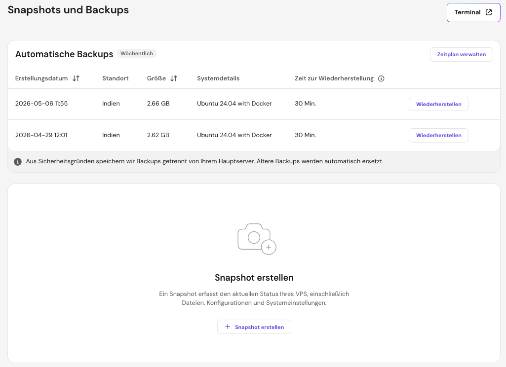 Das Menü „Snapshots & Backups“ im hPanel von Hostinger