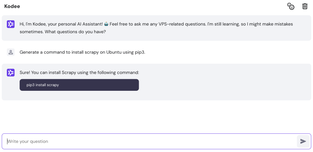 Von Kodee AI Assistant generierter Installationsbefehl für Scrapy