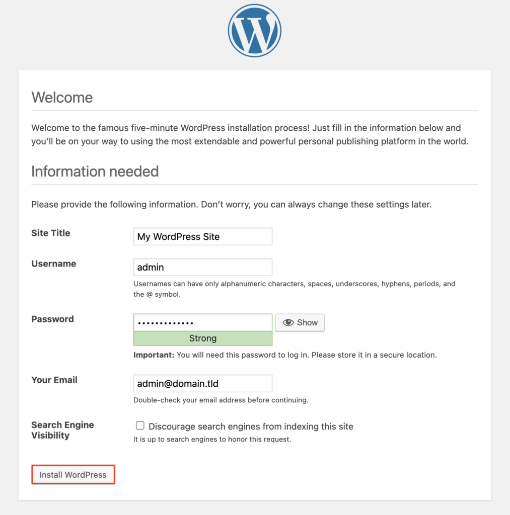 Die Schaltfläche „WordPress installieren“ auf der WordPress-Willkommensseite