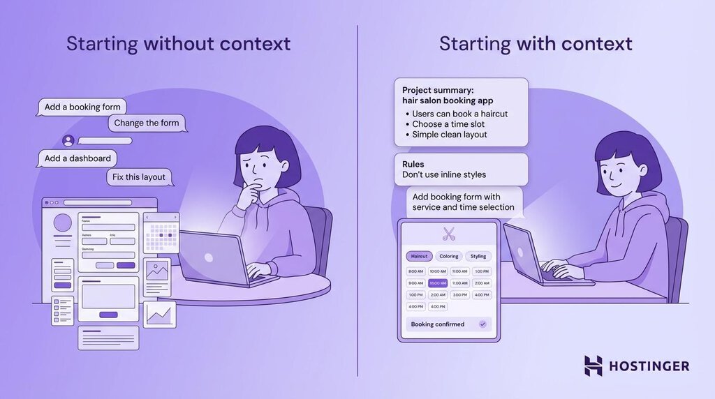 Best Practices für Vibe Coding: Kontext über mehrere Prompts hinweg konsistent halten – Vergleichsgrafik zu Start-Prompts mit und ohne Kontext