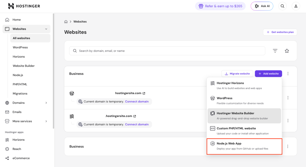 Auswahl der Node.js-Web-App im hPanel hervorgehoben