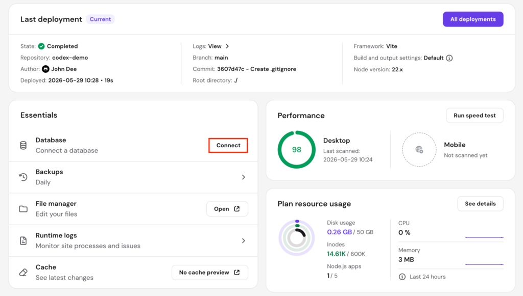 Der Assistent für die Datenbankverbindung im Node.js-Hosting-Dashboard von hPanel