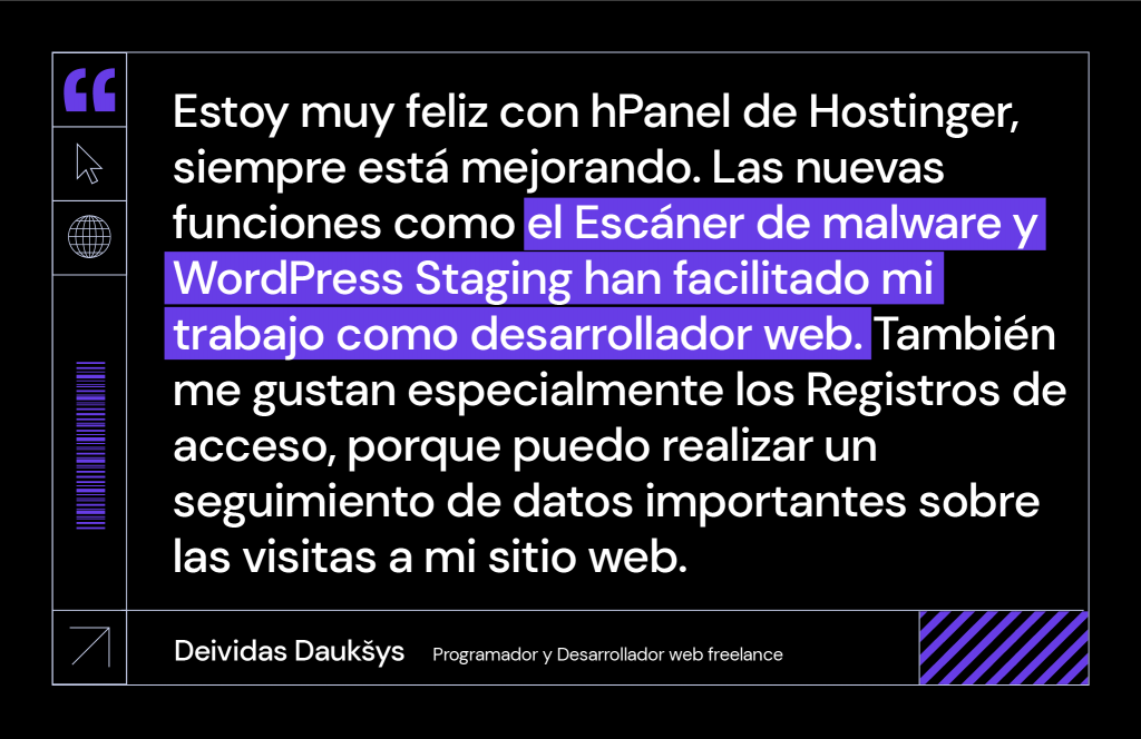 Testimonio de Deividas sobre lo feliz que está con los servicios de Hostinger
