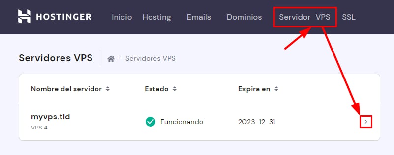 La opción seleccionar VPS en hPanel