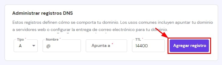 La sección Gestionar registros DNS que muestra cómo añadir un nuevo registro