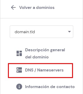 Accediendo a la zona DNS del dominio abriendo la pestaña DNS / Nameservers