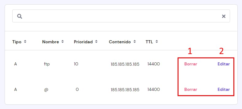 La lista de registros DNS del dominio que muestra dónde editar o eliminar un registro