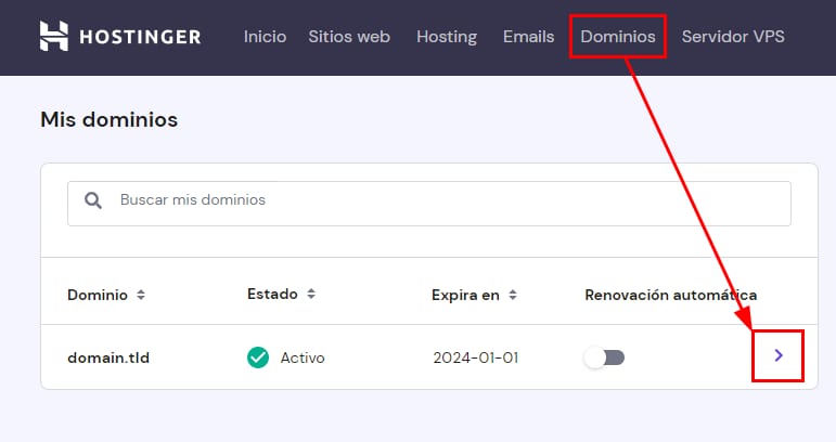 La sección Dominios en hPanel mostrando cómo acceder a la zona DNS