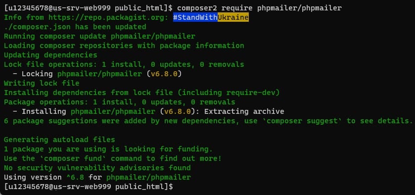 Una ventana de terminal que muestra el resultado de una instalación exitosa de phpmailer usando composer2