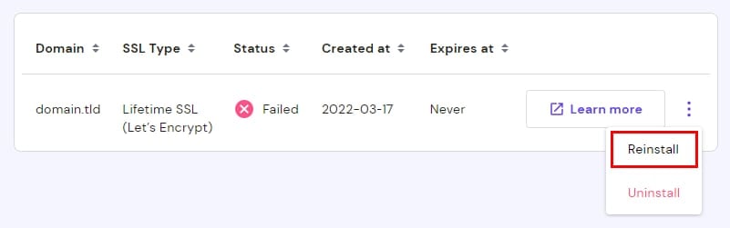 The Lifetime SSL options indicating how to reinstall the certificate